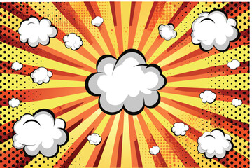 A vibrant comic book style explosion with clouds and radial burst © MAYENUDDIN