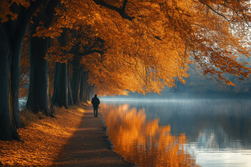 Obraz premium Man walking along autumn lake shore.