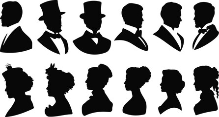 Vintage Gentlemen and Victorian Lady Silhouette Set - Elegant Antique Profile Portraits for Classic Branding and Stationery