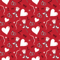 Seamless pattern with white hearts, pink roses, red bows, rings, cursive love text on red
