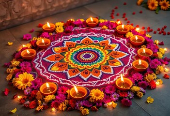 Vibrant rangoli, glittering diyas, festive flowers arranged for Navratri celebration, Design, sacred