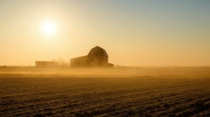 A serene farm landscape shrouded in morning fog with a barn silhouetted against the soft light of dawn over the fields