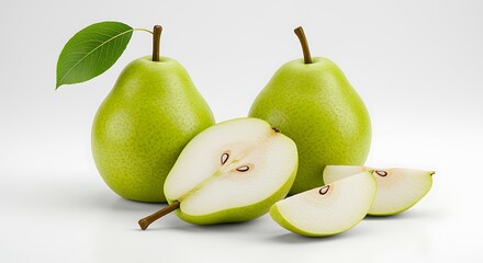 Fresh green pears with slices on white surface