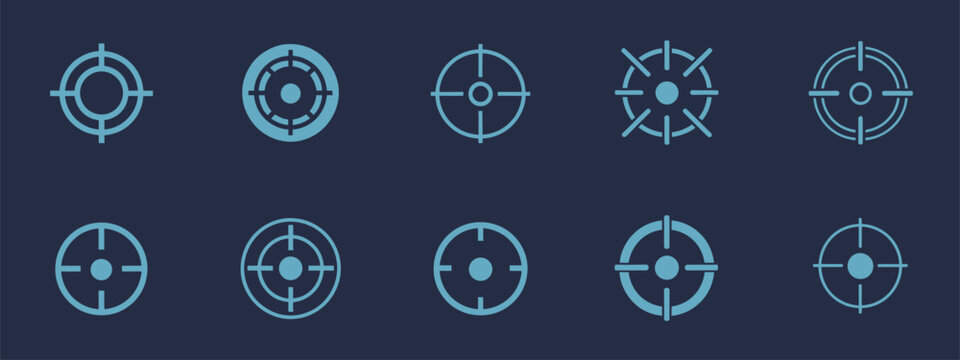 Modern blue digital crosshair target icons, futuristic sniper reticle designs for weapon sights, shooting games, military optics, hud interface, army aim focus, and navigation graphics.