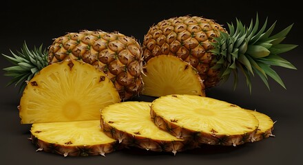 Fresh pineapples and slices on a dark surface