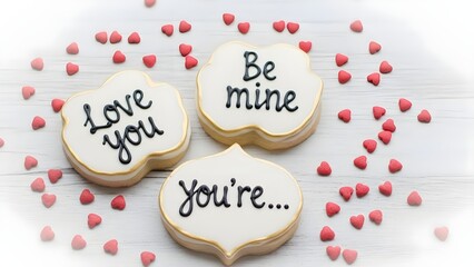 Valentine's day cookies with sweet messages and pink hearts