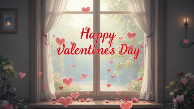 Happy valentines day with gifts and decorations by the window holiday interior celebration illustration
