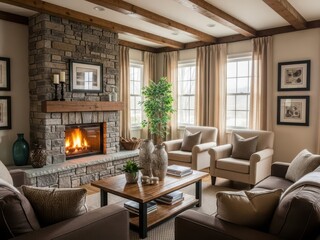 Fototapeta premium Cozy living room with fireplace and comfortable seating