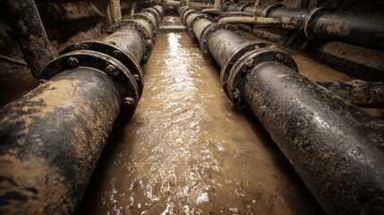 Medium shot of interconnected pipes in a leachate collection system guiding liquid waste in a commercial underground tunnel during rainy conditions.