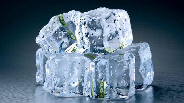 Ice cubes stacked with condensation on a reflective surface, showcasing a gradual change in arrangement and visibility of green elements, creating a visually appealing composition