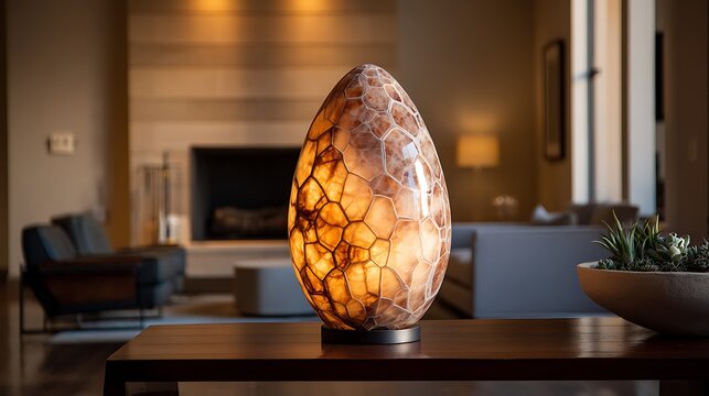 Decorative egg-shaped lamp with intricate natural pattern on a wooden table in a modern living room