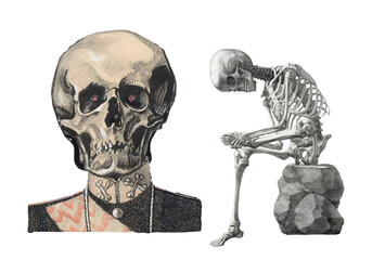 Two vintage-style vector illustrations of a skull and a seated skeleton. Paintings, pencil sketches.