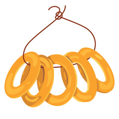 Bundles of bagels on a rope in flat style. A traditional Russian dish. A symbol of the Maslenitsa holiday. Vector illustration. Russian bagels are called sushka or baranka.