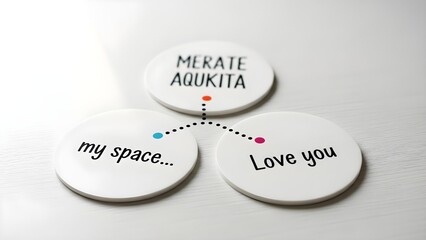 Three white circular objects with text and dotted lines on a plain background