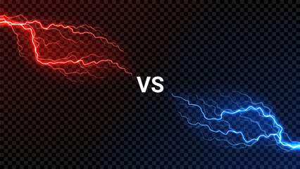 Versus background with thunderstorm effect. VS screen with powerful lightning colored blue and red. Bolt energy collision isolated on dark checkered background. Lightning shock versus concept. © Yaran