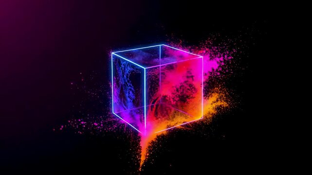 Neon glowing transparent cube with colorful particle dispersion on a dark background