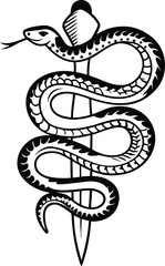 Fototapeta premium Serpent on Dagger: An elegantly illustrated serpent entwined around a blade, a timeless emblem evoking themes of medicine and healing.