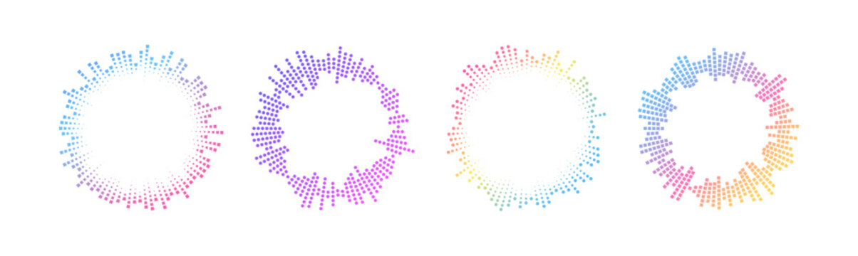 Neon gradient sound wave dots forming circular audio pattern with glowing radial lines. Abstract music equalizer icon with concentric rings and dynamic sound frequency visualization.