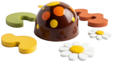 Valentine Chocolate praline with colorful polka dots surrounded by decorative flower and abstract shapes