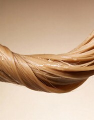 Hyper-realistic studio photography of hair textures, a lock of wet blond hair against light beige gradient background