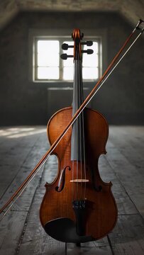 Vertical video: Shifting light and camera zooming revealing violin and bow in attic showing grain