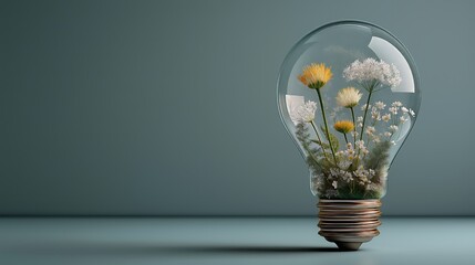 Conceptual image of innovation and creativity with a glass light bulb filled with colorful flowers on teal background for eco-friendly design themes