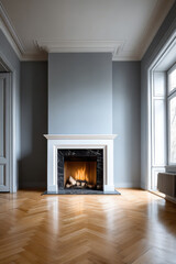 Naklejka premium Elegant fireplace with white mantel, black marble surround, light blue wall, wood floor, cozy atmosphere, natural light, modern classic style