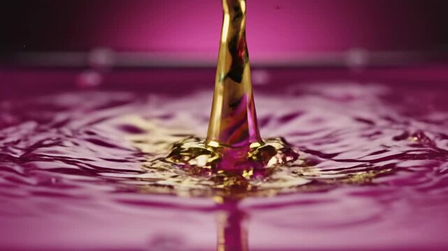 Liquid cascade: A close-up shot capturing a stream of shimmering, golden liquid pouring into a vibrant, deep crimson pool, creating ripples that dance across the surface. 