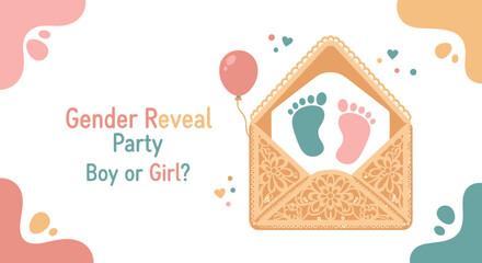 Inviting gender reveal party invitation with baby footprints in an envelope, perfect for celebrating expecting parents and creative announcements.
