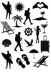 black travel vacation silhouettes set with people luggage beach palm sun drink icons, minimal graphic illustration isolated on white background.