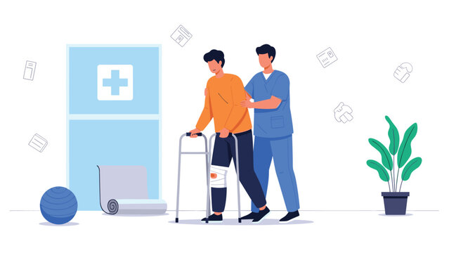 Physical therapist assists a man with a knee injury to walk using a walker, symbolizing rehabilitation, support, and medical recovery.