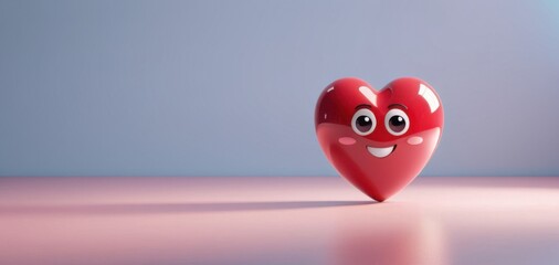 smiling red heart character gazing at camera on pink surface, blue background, banner, concept of love, romance, dating