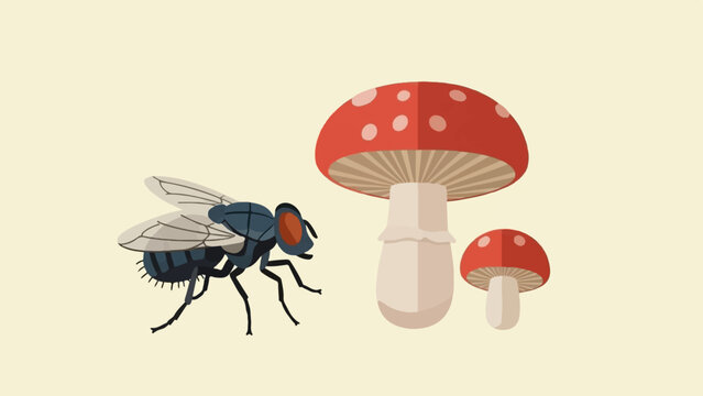 A dark blue fly with orange eyes stands next to two red and white spotted mushrooms