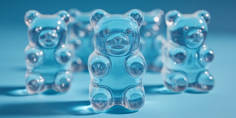 Glossy transparent blue teddy bear figures arranged on blue background evoke modern minimalism and playful decor themes