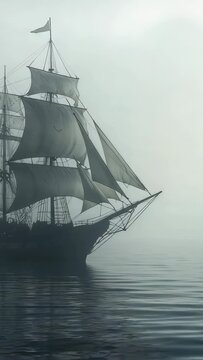 Vertical video: Sailing three-masted ship drifting right through foggy sea, breeze filling sails