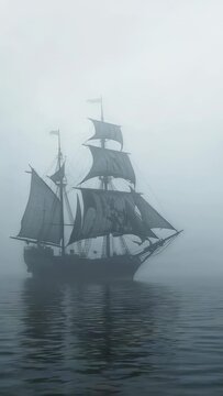 Vertical video: Fog thinning revealing 3-masted ship moving slowly across calm water, showing sails