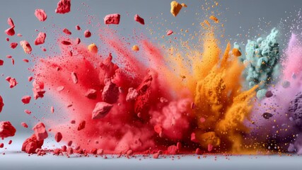 Colorful powder explosion with vibrant red, orange, yellow, green, blue, and purple pigments dispersing dynamically against a gray background, creating a visually striking display of color and motion - Powered by Adobe