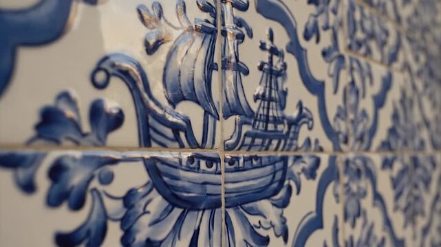 Cinematic close-up pan of ornate blue and white hand-painted ceramic tiles with traditional patterns and ships.
