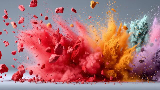 Colorful powder explosion with vibrant red, orange, yellow, green, blue, and purple pigments dispersing dynamically against a gray background, creating a visually striking display of color and motion