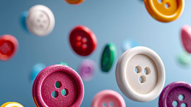 Colorful buttons in various sizes and shapes float through the air against a soft blue background, showcasing their vibrant hues and distinct designs in a dynamic visual display