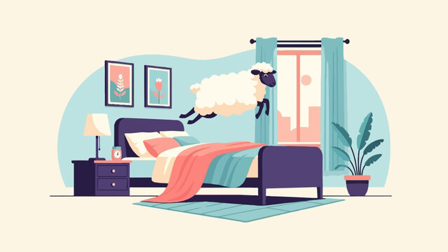 A fluffy sheep leaps joyfully over a bed in a pastel-colored bedroom