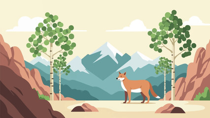 A fox stands in a landscape with trees, mountains, and rock formations