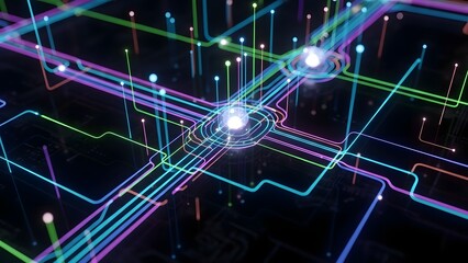 Futuristic circuit board with neon lights and data transfer
