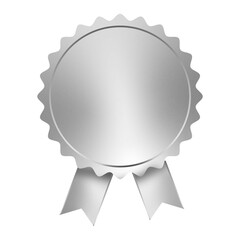 Elegant 3D silver medal badge with glossy metallic finish and silk ribbon for premium awards.