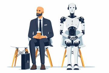 Man enjoys a coffee break while sitting next to a polite robot companion.