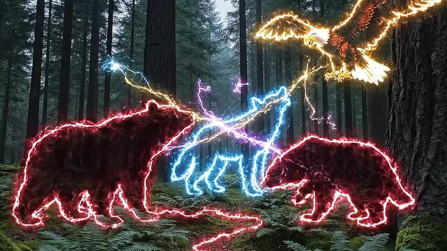 Mystical Neon Animal Spirits Running Through a Dark Forest.