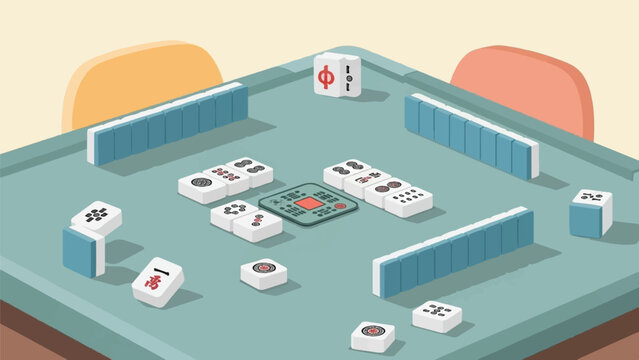 A game of mahjong is set up on a table with tiles and dice, ready for play