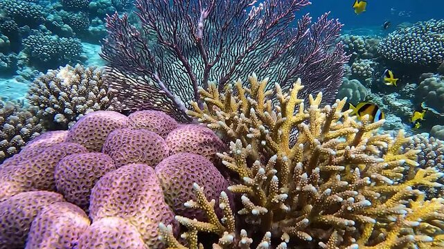Vibrant close-up of a healthy coral reef teeming with diverse fish including clownfish, yellow tangs, and butterflyfish.