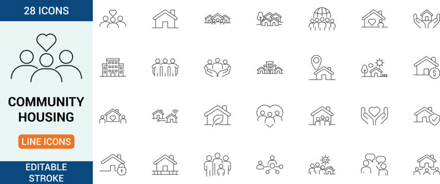 Minimalist thin line community housing icon set with editable stroke. Includes homes, families, neighborhoods, support, care, security and living symbols on white background.