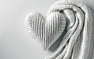 white knitted heart and scarf, cozy warm background, banner concept of love, comfort, gifts